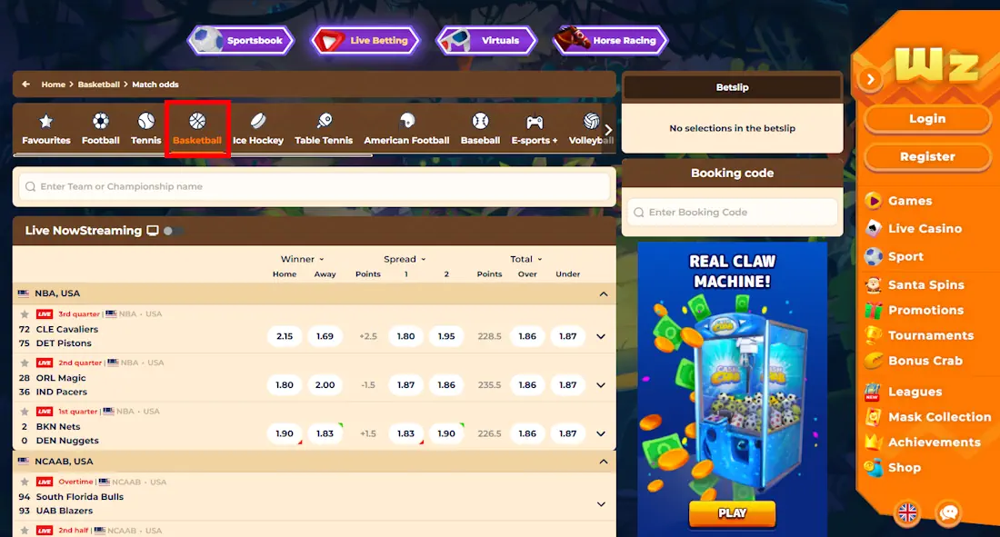Wazamba Basketball Betting Screenshot